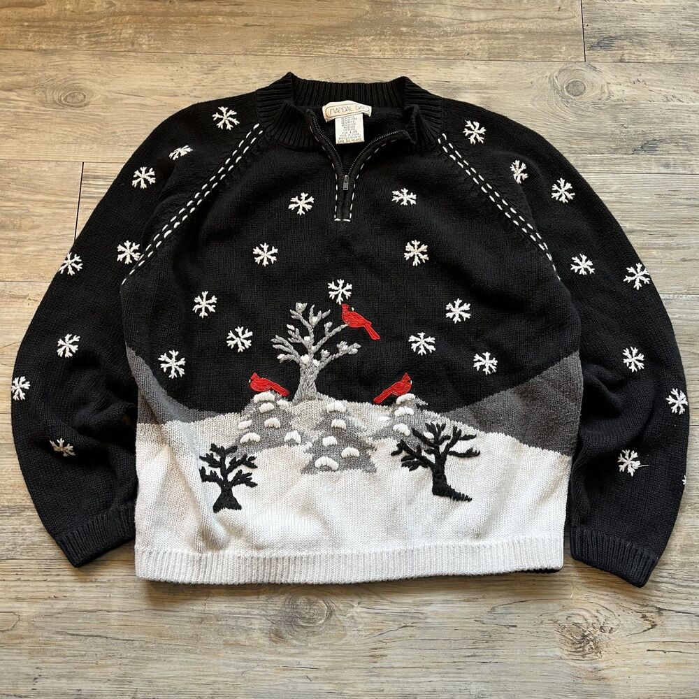 Vintage Sweater Women Large Winter Christmas Embroidered 90s Grandma Black White